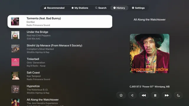 Listening history in Eter for Apple TV