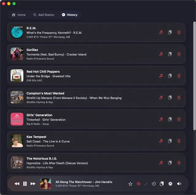 Listening history in Eter for Mac