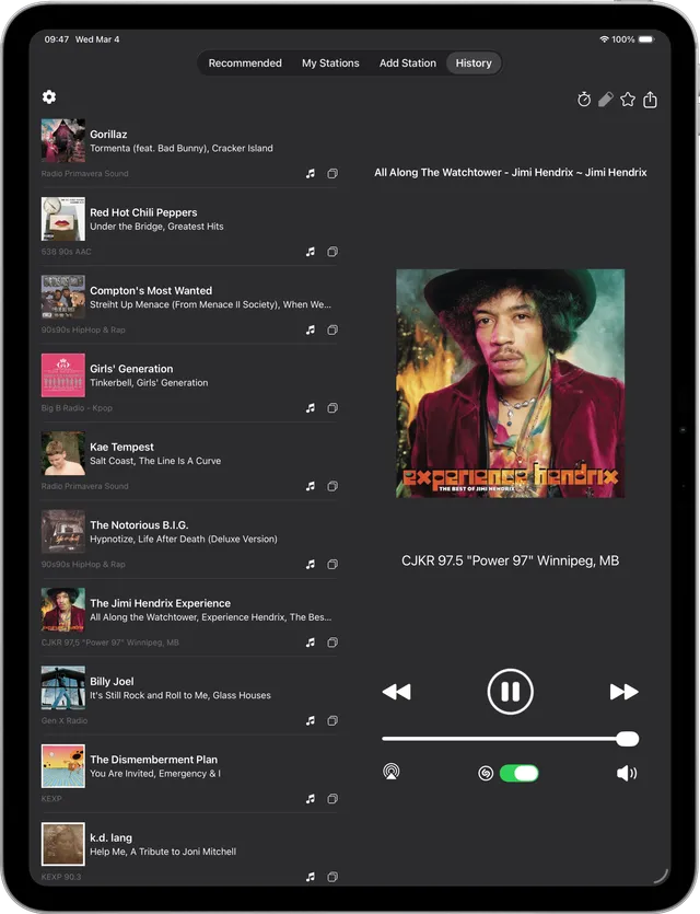 Listening history in the dithered appearance of Eter for iPhone