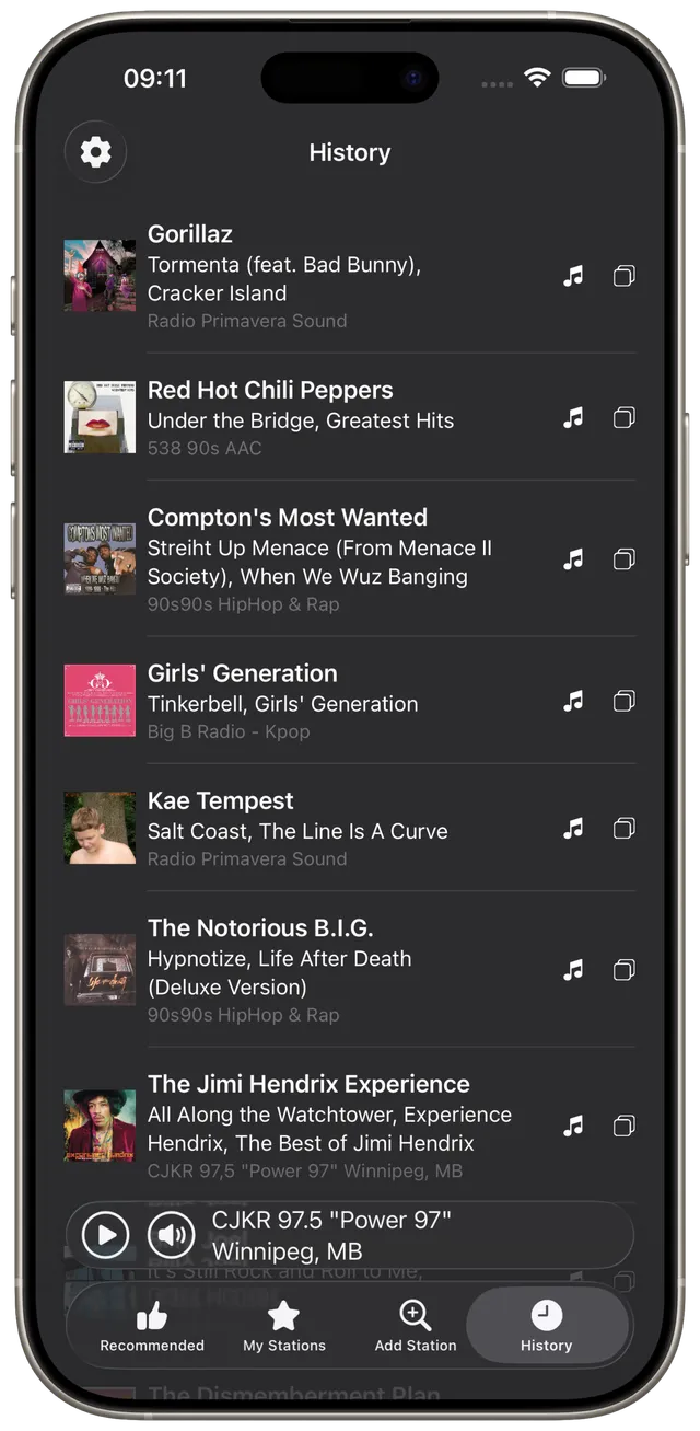 Listening history in Eter for iPhone