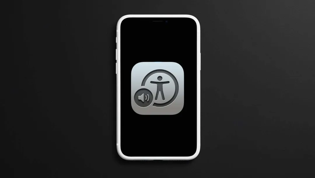 An illustration of an iPhone outline with VoiceOver logo, over a black background.